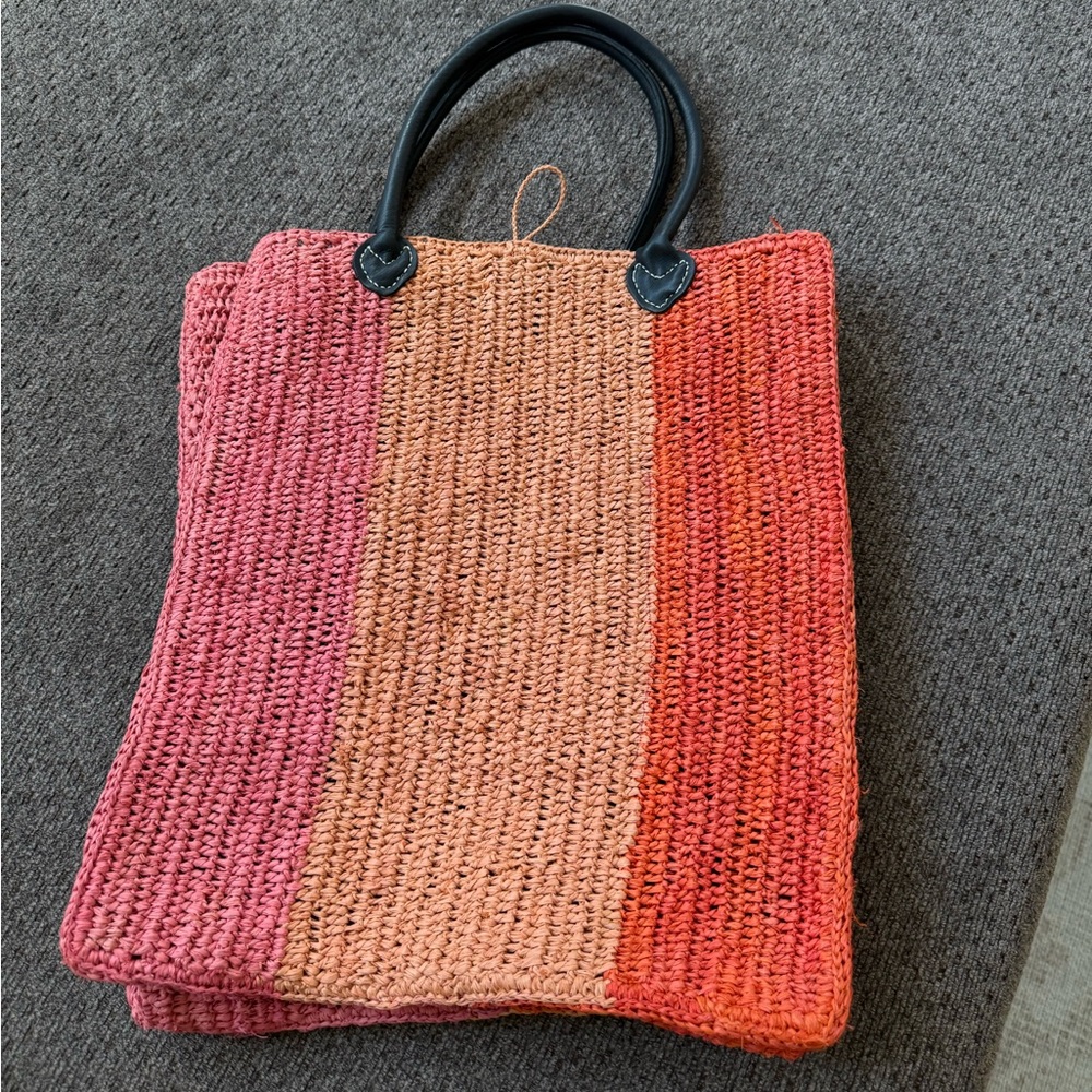 Annabel Ingall Pink, Peach & Coral Straw Tote with Black Handles